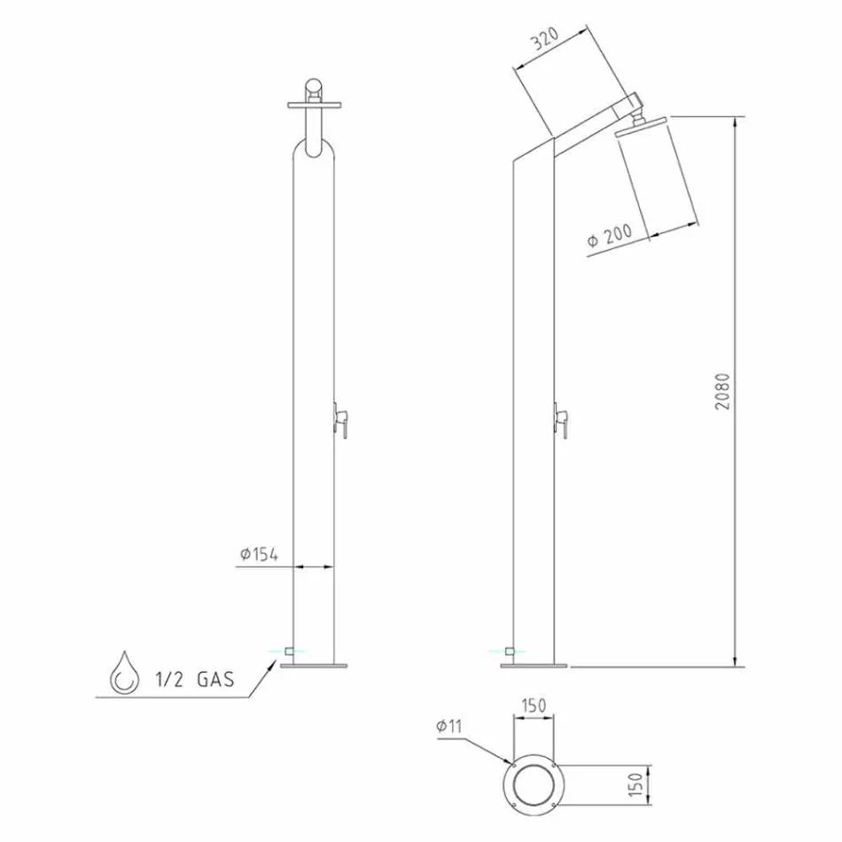 Solar Garden Shower Column in Black Stainless Steel Made in Italy - Werner Viadurini