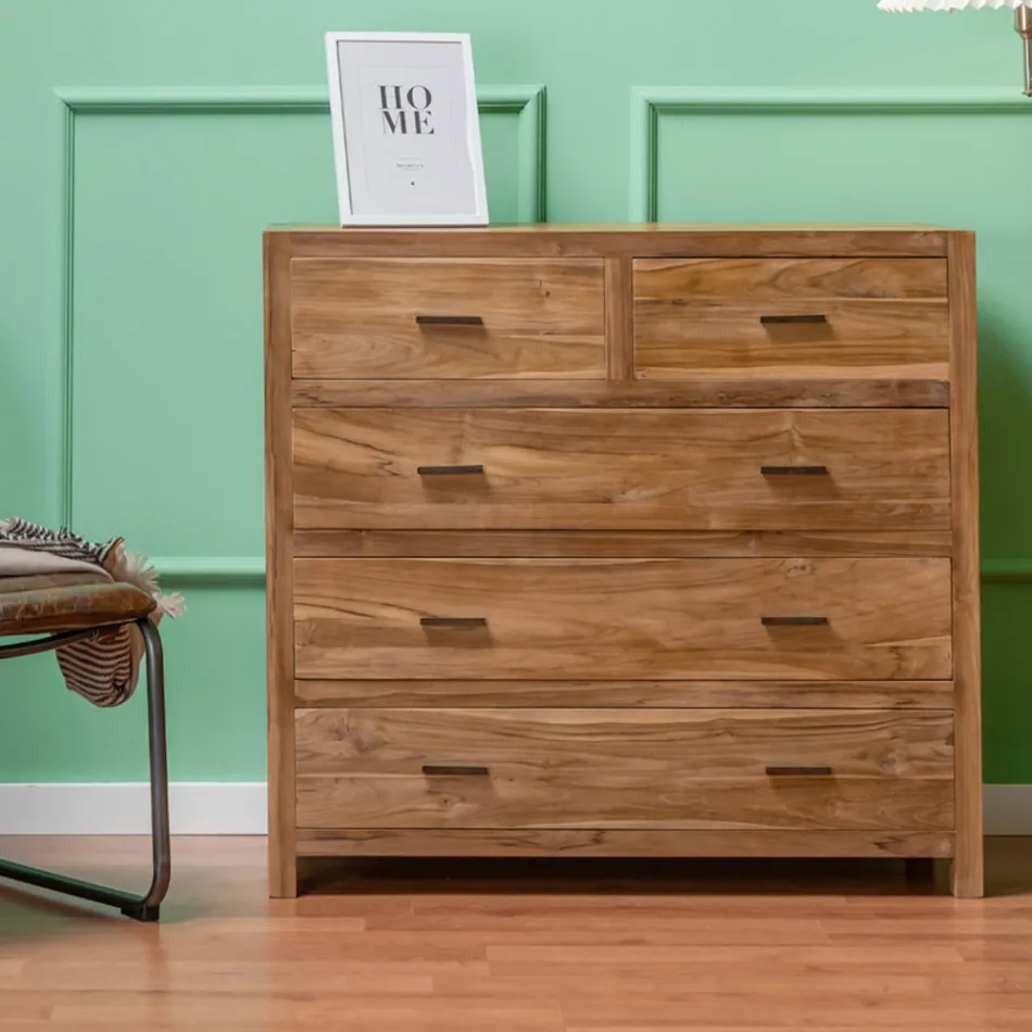 Solid Teak Dresser with 5 Drawers - Tang Viadurini