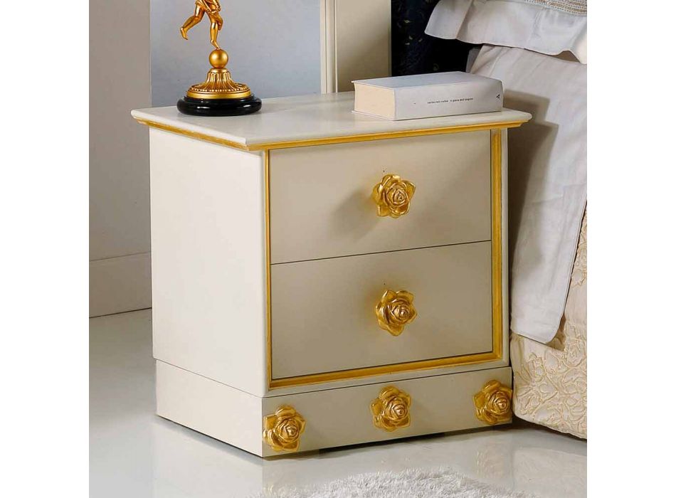 2-drawer wooden nightstand with Renoir rose-shaped knobs