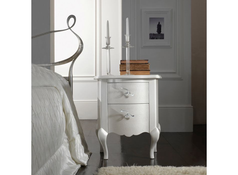 Pearl White Relief Bedside Table with Chromed Handles Made in Italy - Berlin Viadurini