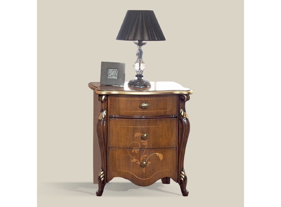 Classic Bedside Table 3 Luxury Drawers Bassano Walnut Wood
