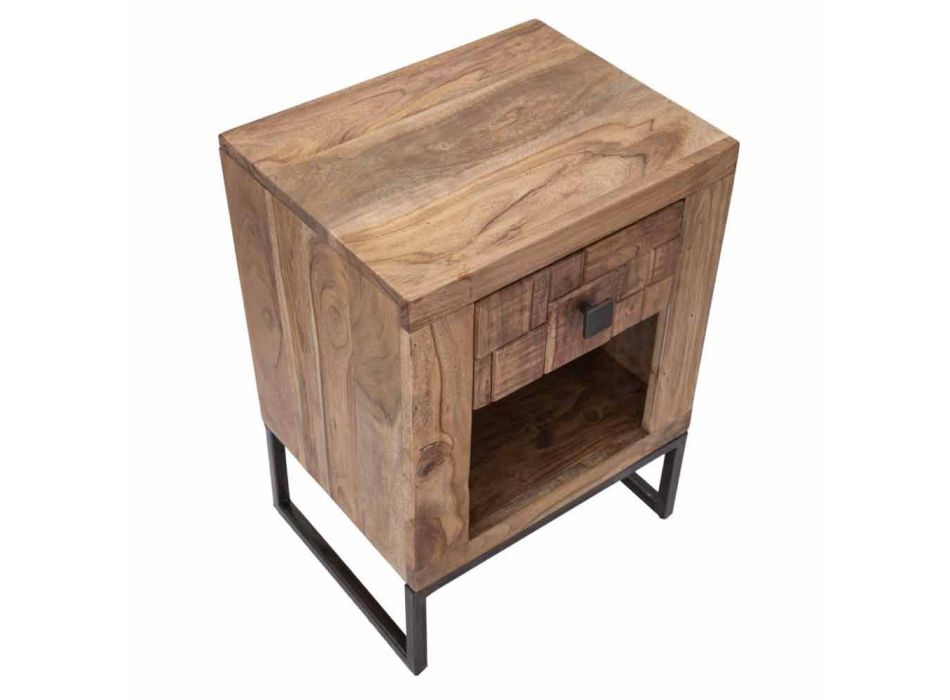 Design Bedside Table with Drawer in Acacia Wood and Iron - Dionne Viadurini
