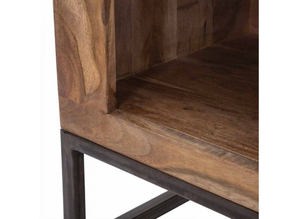 Design Bedside Table with Drawer in Acacia Wood and Iron - Dionne Viadurini