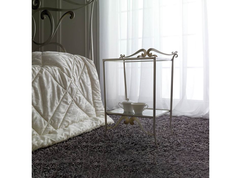 Full Iron Bedside Table with Meccata Silver Leaf Finish Made in Italy - Venice Viadurini