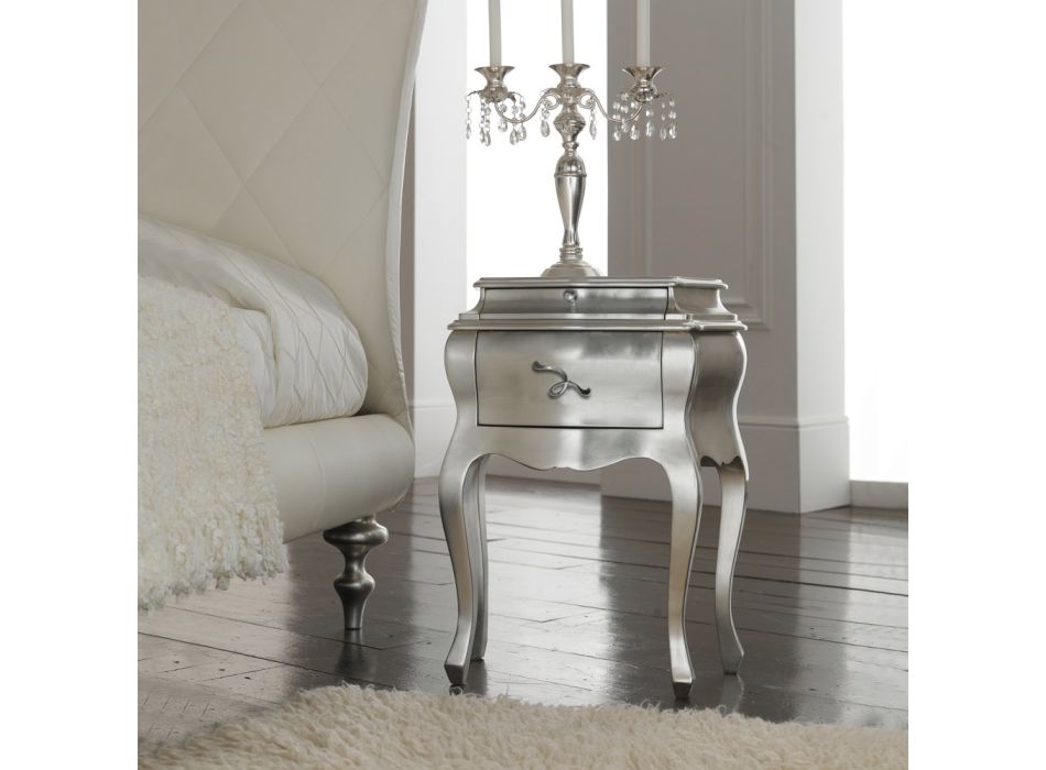 Bedside table in solid wood with silver leaf finish Made in Italy - Bruges Viadurini