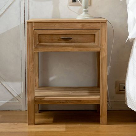 Solid Teak Bedside Table with 1 Drawer - Penca Viadurini
