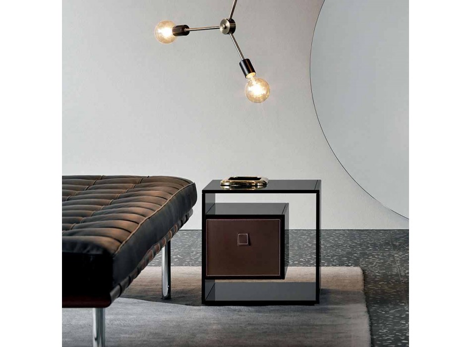 Bedside Table in Smoked Glass with Leather Drawer 2 Dimensions - Linzy Viadurini