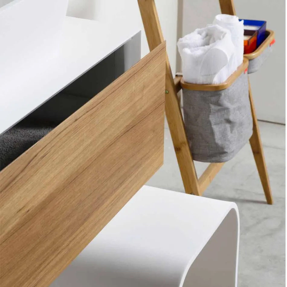 Composition 3 Bathroom Furniture in Teak Wood and Hi Macs® - Talc Viadurini