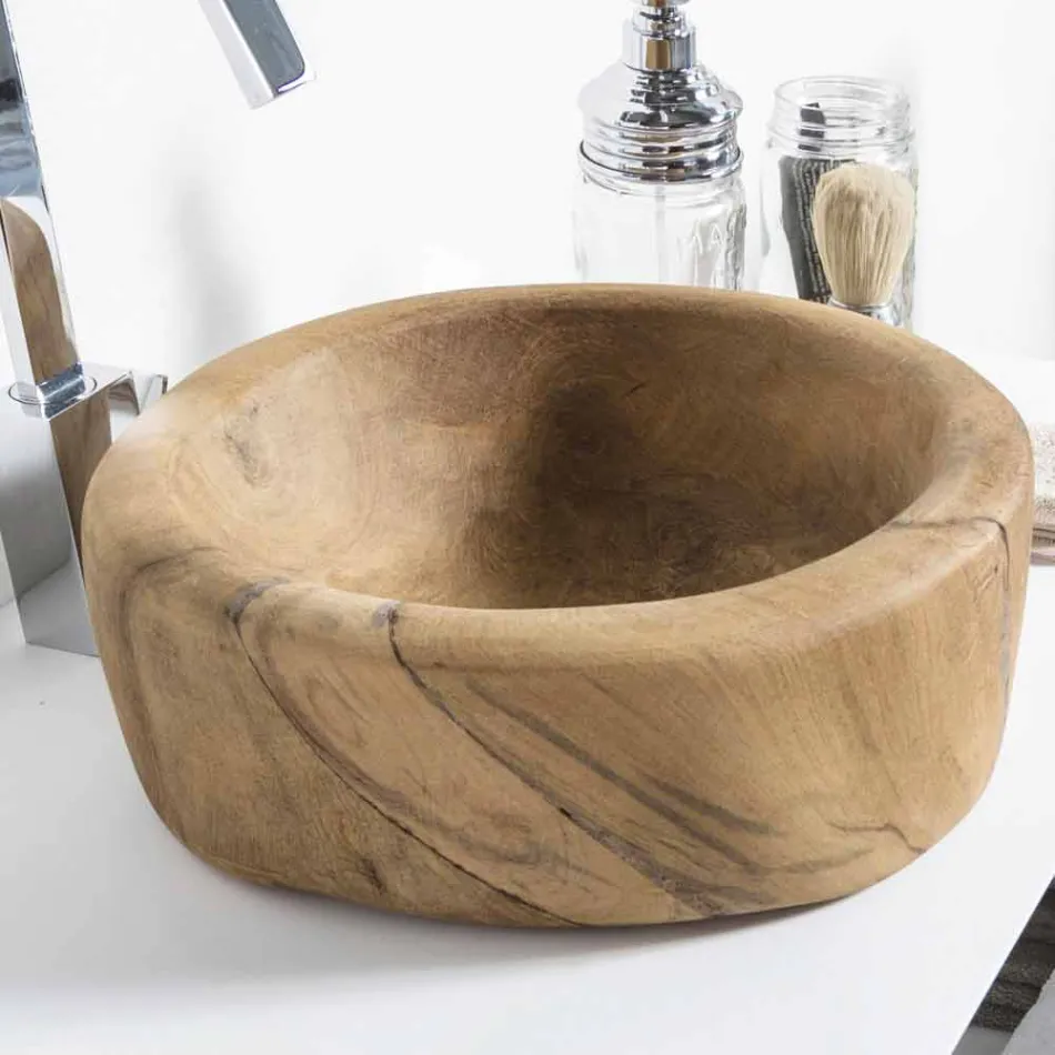 Composition 3 Bathroom Furniture in Teak Wood and Hi Macs® - Talc Viadurini