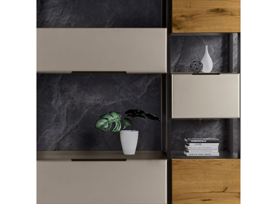 Wall composition in Mdf and oak-plated blockboard Made in Italy - Marit Viadurini