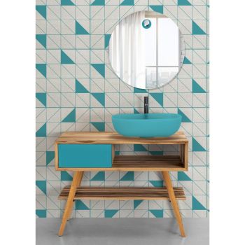 Blue Bathroom Composition with Teak Floor Cabinet and Accessories - Sylviane