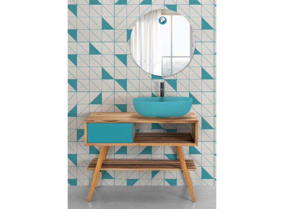 Blue Bathroom Composition with Teak Floor Cabinet and Accessories - Sylviane Viadurini