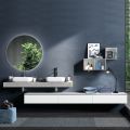 Concrete Color and Matt White Bathroom Composition with Washbasin, Mirror and Base - Palom