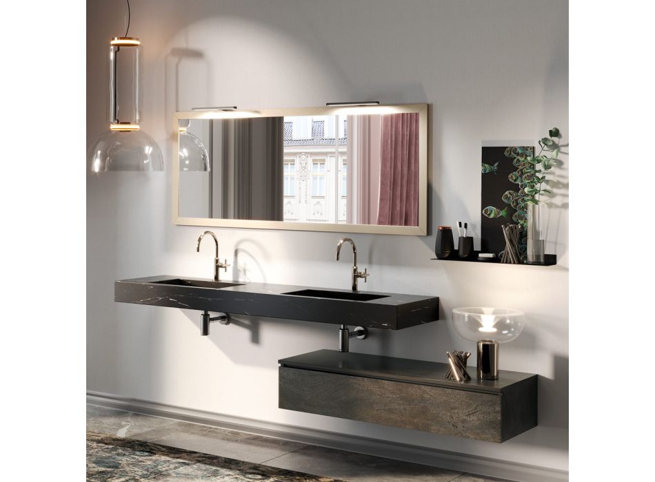 Bathroom Composition Complete with Mirror and Double Washbasin Made in Italy - Palom Viadurini