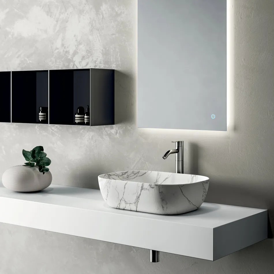 Bathroom Composition Consisting of a Shelf with Sink, Wall Cabinets, and Mirror - Velaria Viadurini