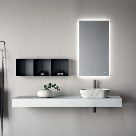 Bathroom Composition Consisting of a Shelf with Sink, Wall Cabinets, and Mirror - Velaria Viadurini