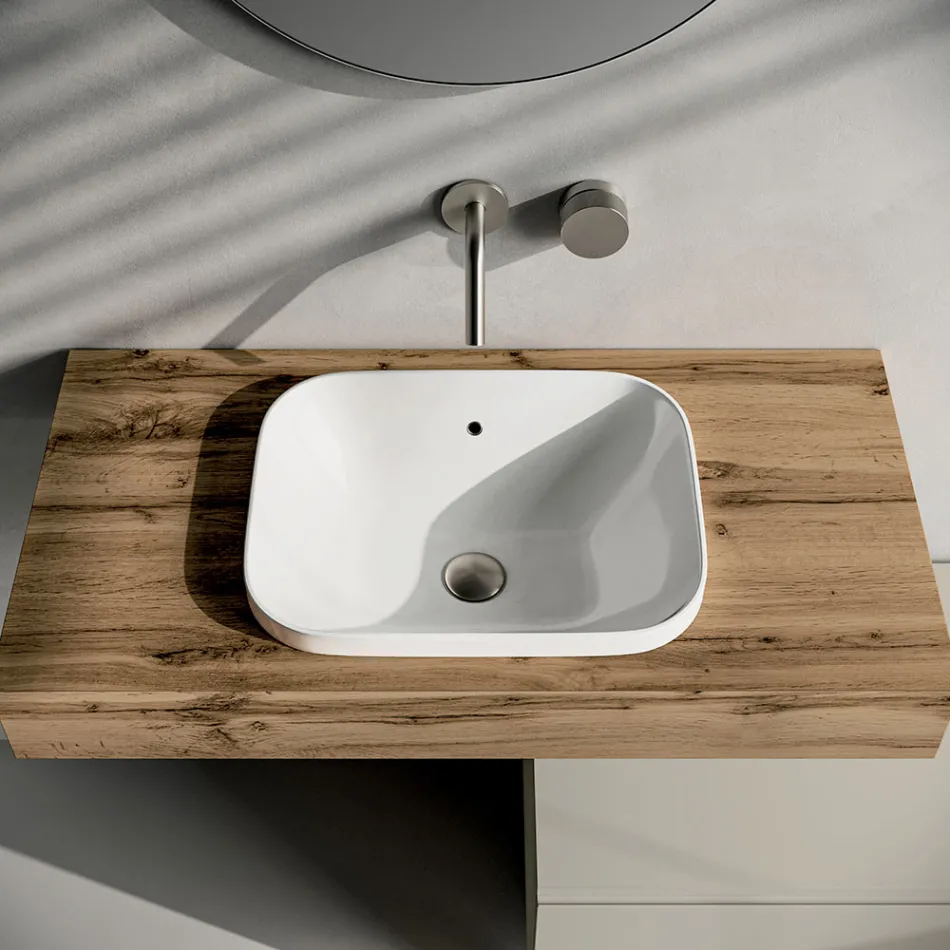 Bathroom Composition Including Base with Wheels, Sink, and Mirror - Titan Viadurini