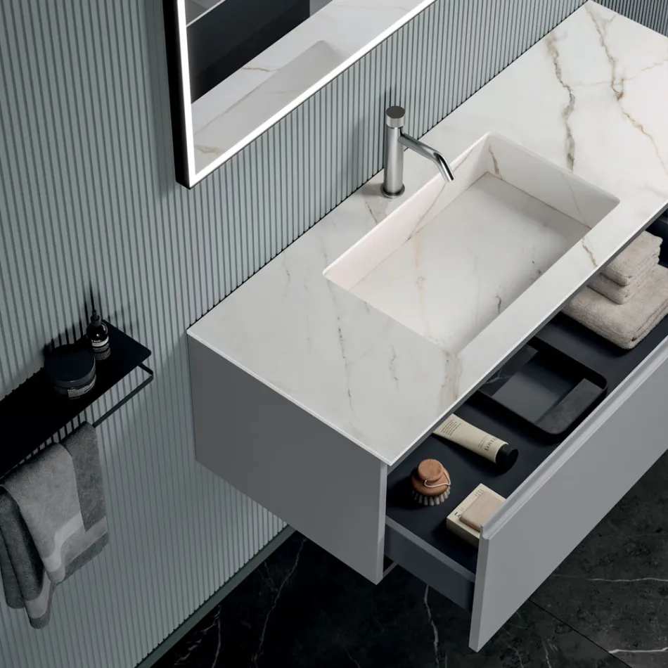 Bathroom Composition with 1 Base with 1 Drawer and Open Compartment and Mirror - Titan Viadurini