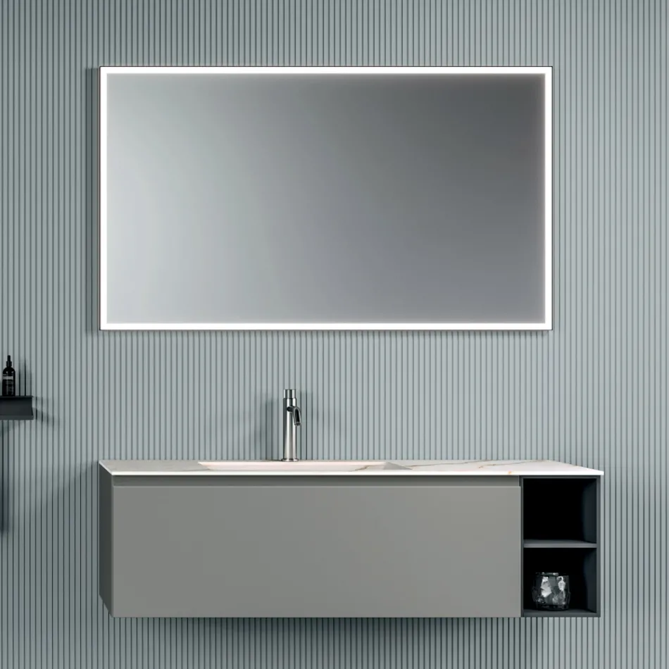 Bathroom Composition with 1 Base with 1 Drawer and Open Compartment and Mirror - Titan Viadurini