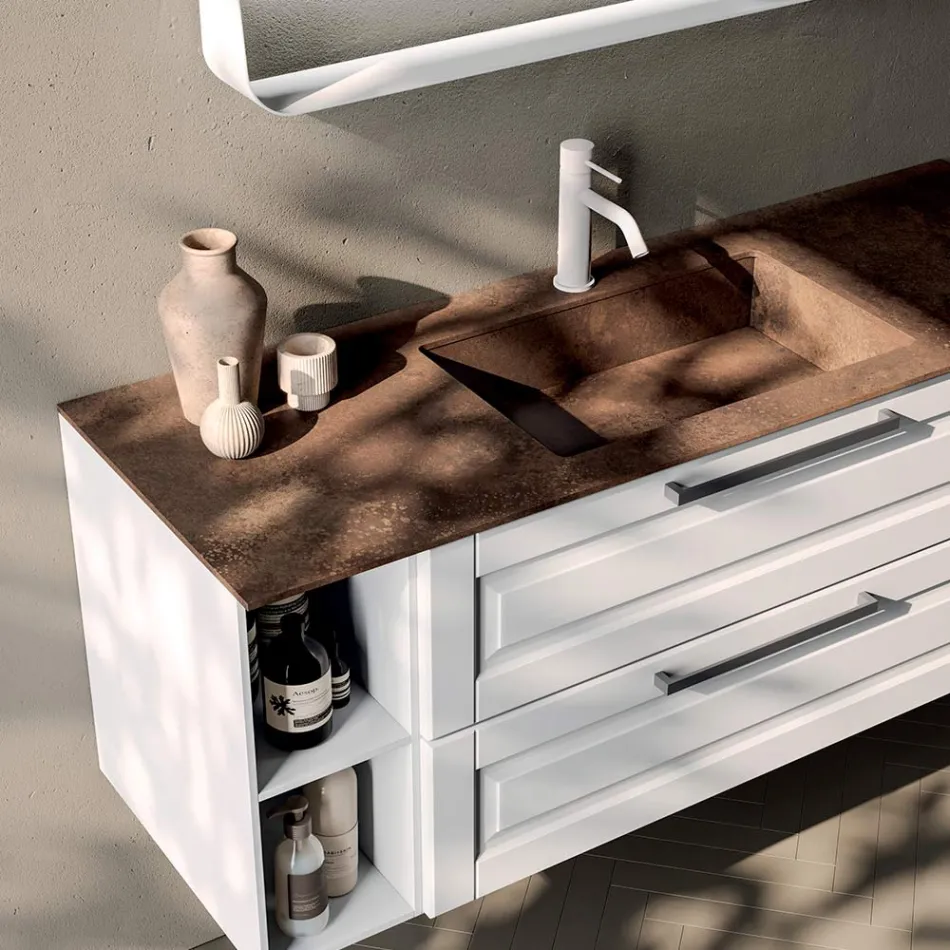 Bathroom Composition with 2 Drawers and 2 Open Compartments, Mirror and Sink - Magnolia Viadurini