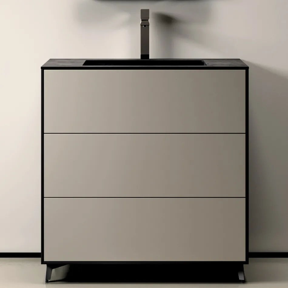 Bathroom Composition with 3 Matte Dove Gray Drawers, Mirror, and Sink - Velaria Viadurini
