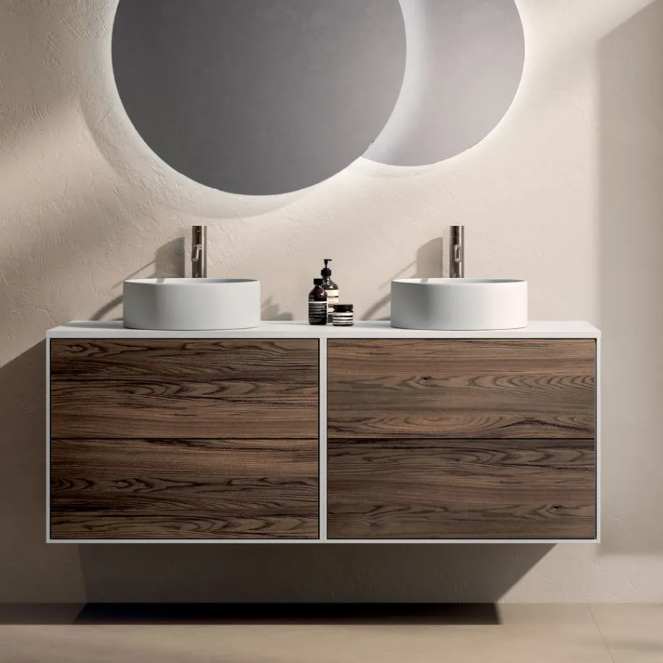 Bathroom Composition with 4 Drawers in Rio Oak, Mirror and Sink - Velaria Viadurini