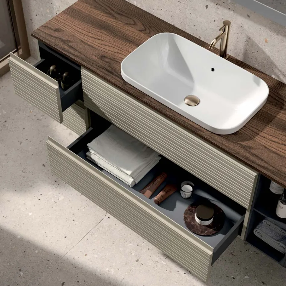 Bathroom Composition with 4 Drawers, Sink, Mirror, and Open Shelves - Elios Viadurini