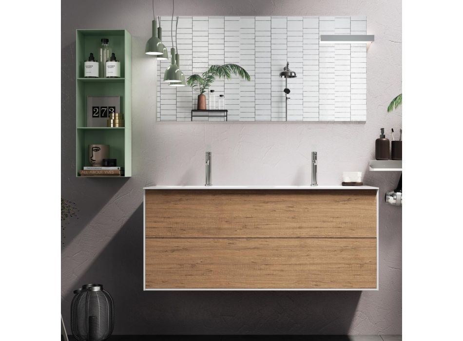 Bathroom Composition with Honey Oak Base, Washbasin and Mirror Made in Italy - Kilos Viadurini