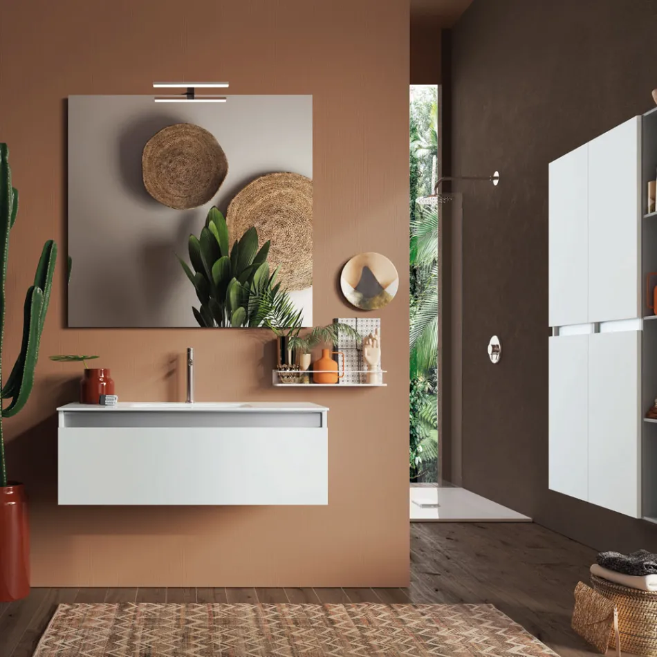 Bathroom Composition with Suspended Base, Mirror and Washbasin Made in Italy - Dream Viadurini