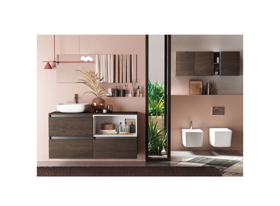 Bathroom Composition with Ceramic Washbasin and Mirror Made in Italy - Dream Viadurini