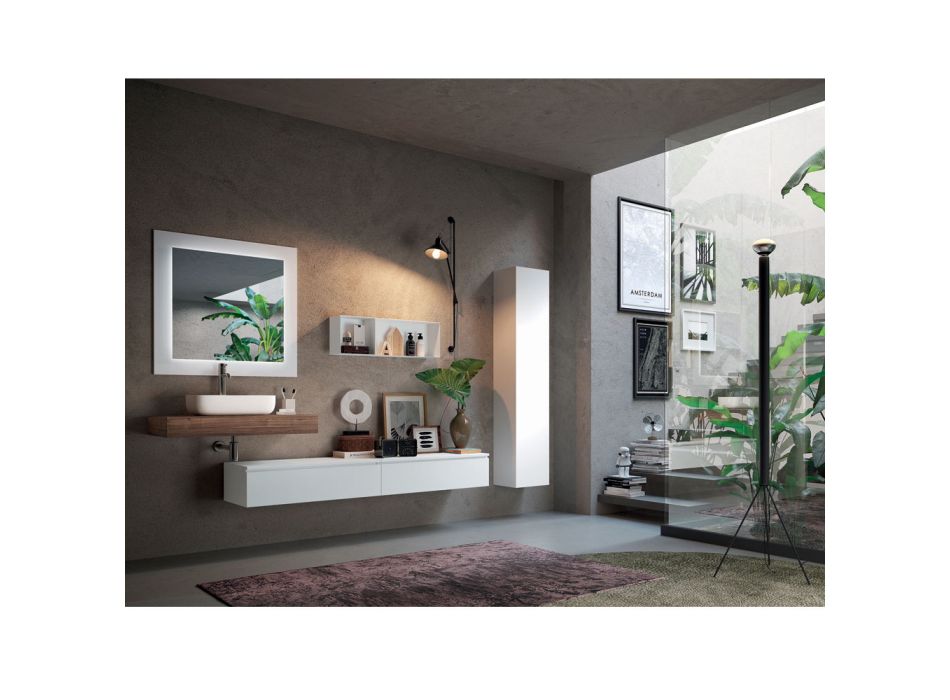 Bathroom Composition with Mirror and Ceramic Washbasin Made in Italy - Palom Viadurini