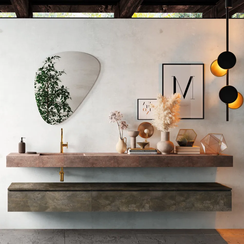 Bathroom Composition with Modern Mirror and Console Washbasin Made in Italy - Palom Viadurini