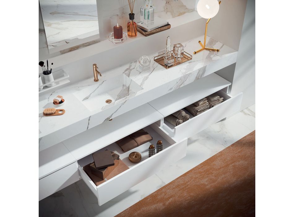 Double Bathroom Composition with Rectangular Mirror and Washbasin Made in Italy - Palom Viadurini