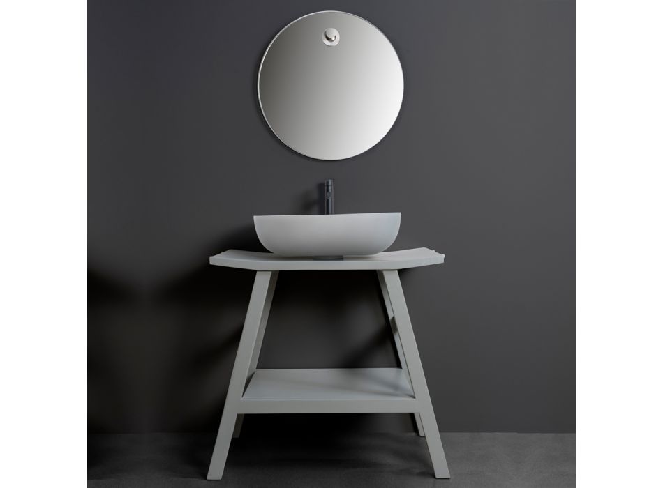 Gray Bathroom Composition with Mirror, Teak Cabinet and Accessories - Patryk Viadurini