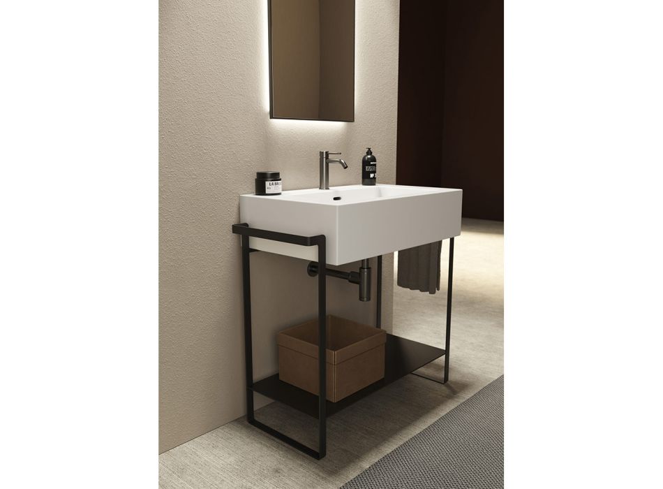 Bathroom Composition Ceramic Washbasin and Steel Base Made in Italy - Quadro Viadurini