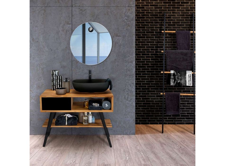Black Bathroom Composition with Teak Cabinet and Quality Accessories - Sylviane