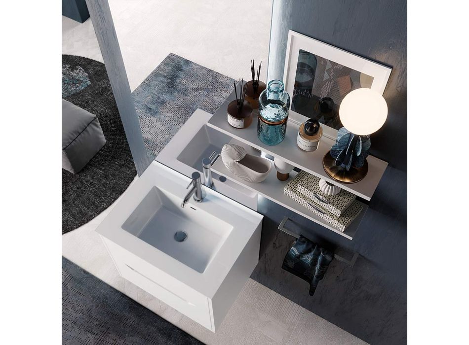 Suspended Bathroom Composition, Mirror and White Bases Made in Italy - Polsen Viadurini
