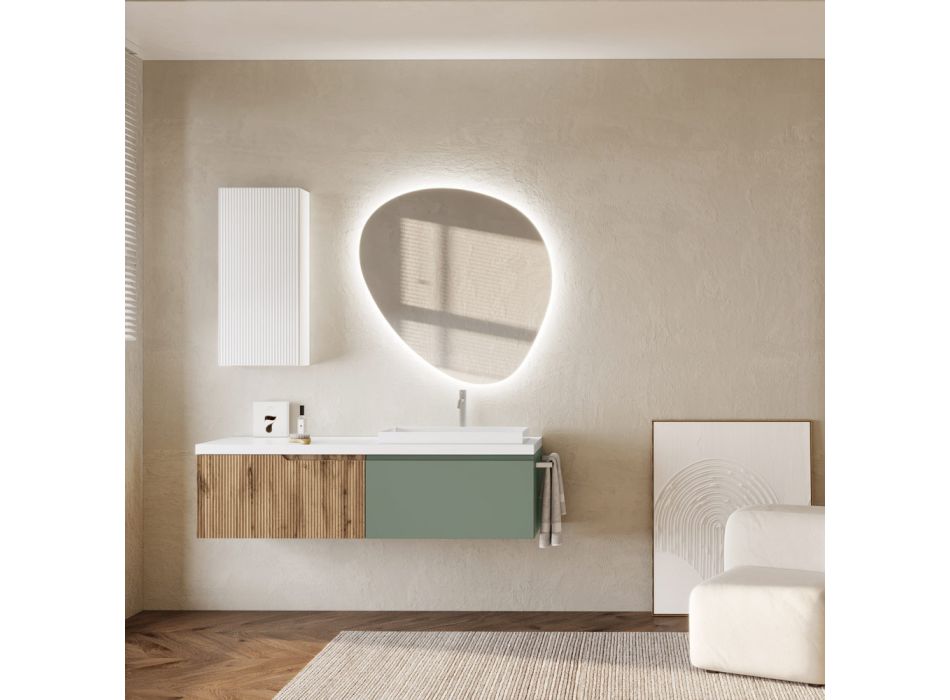 Sage Green and Cannettato Oak Bathroom Composition Made in Italy - Uranus Viadurini