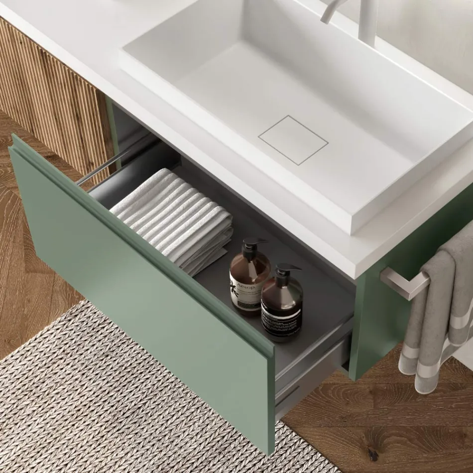 Sage Green and Cannettato Oak Bathroom Composition Made in Italy - Uranus Viadurini