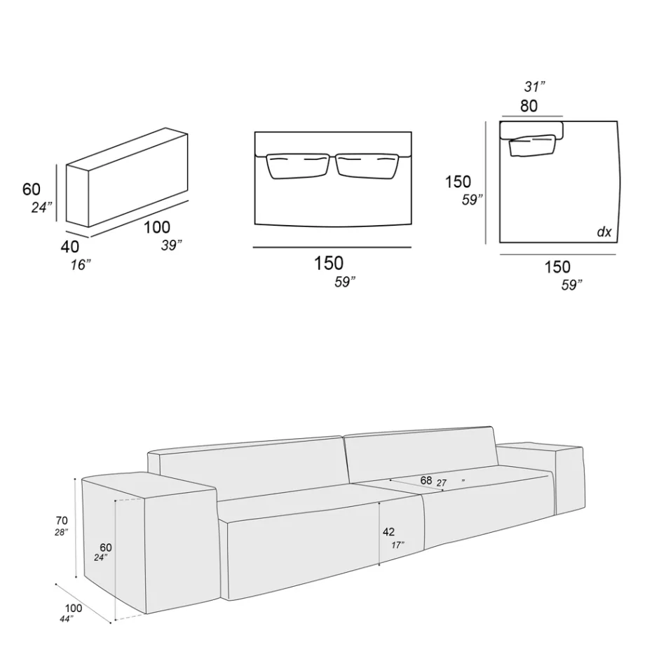 Composition of 1 Sofa, 1 Armrest and 1 Peninsula - Bizarre Viadurini