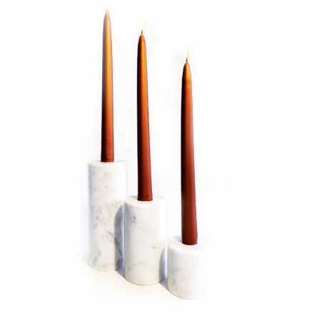 Composition of 3 Candle Holders in White Carrara Marble Made in Italy - Astol Viadurini