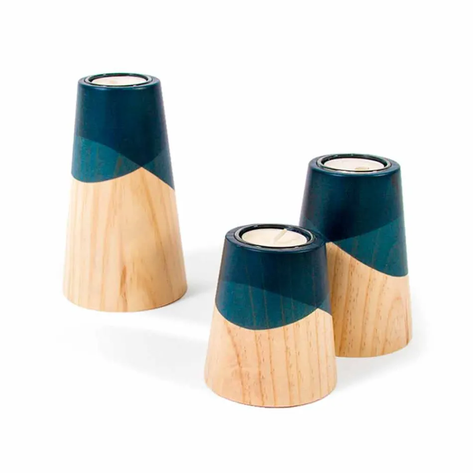 Composition of 3 Modern Candle Holders in Solid Pine Wood - White Viadurini