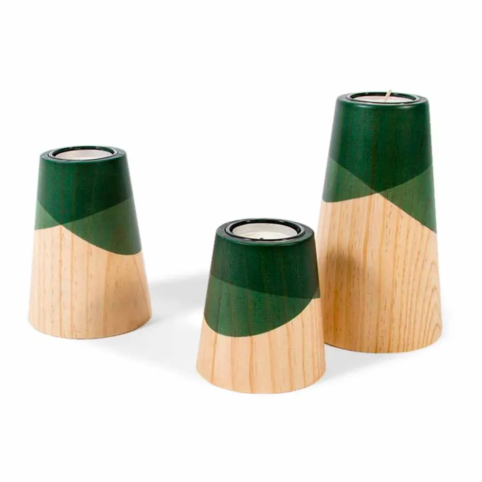 Composition of 3 Modern Candle Holders in Solid Pine Wood - White Viadurini