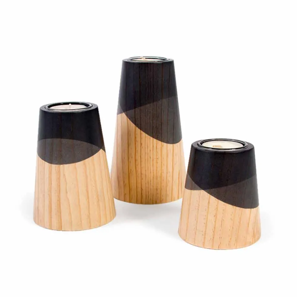 Composition of 3 Modern Candle Holders in Solid Pine Wood - White Viadurini