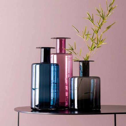 Composition of 3 Decorative Vases in Smoked, Blue and Amethyst Glass - Infinity Viadurini