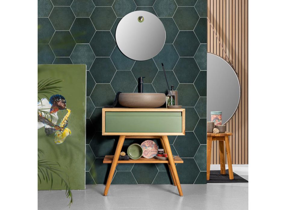 Green Bathroom Cabinet Composition with Teak Cabinet and Accessories - Carolie Viadurini