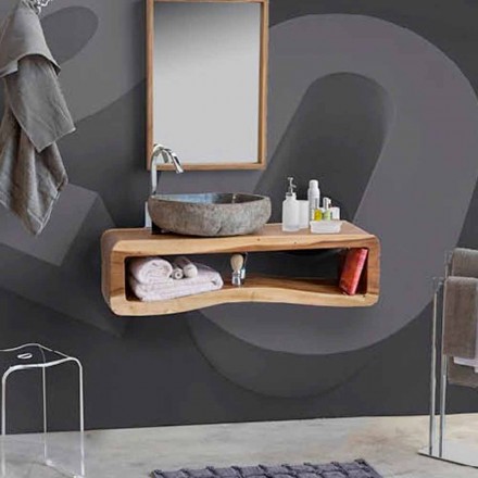 Suspended Composition of Bathroom Furniture in Modern Teak Wood - Kristi Viadurini