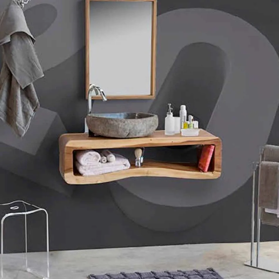 Suspended Composition of Bathroom Furniture in Modern Teak Wood - Kristi Viadurini