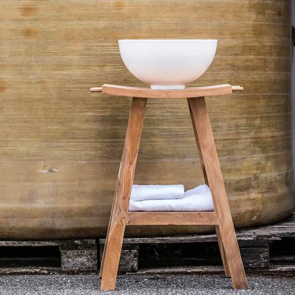 Modern Bathroom Console in Natural Teak Wood with Side Hooks - Zacary Viadurini