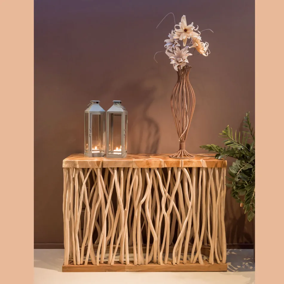 Console Table with Solid Natural Teak Top and Stems - Rodin Viadurini
